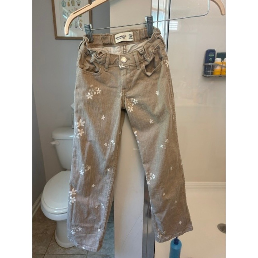 Abercrombie Kids Floral Print Baggy Jeans Adjustable Waist Tan Denim